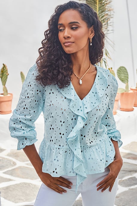 Pastel Blue Broderie Ruffle Detail Cotton Blouse - Image 3