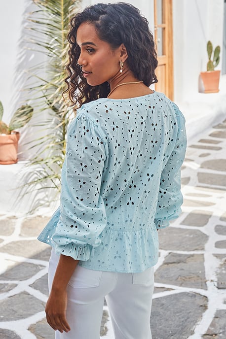 Pastel Blue Broderie Ruffle Detail Cotton Blouse - Image 4