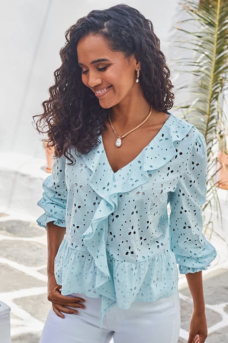 Pastel Blue Broderie Ruffle Detail Cotton Blouse - Image 5
