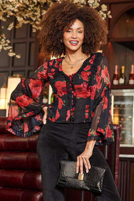 Black & Red Rose Print Flared Sleeve Blouse - Image 1