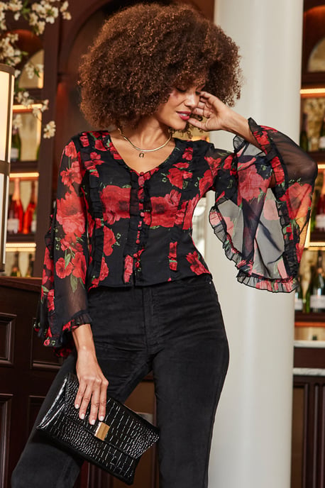 Black & Red Rose Print Flared Sleeve Blouse - Image 2