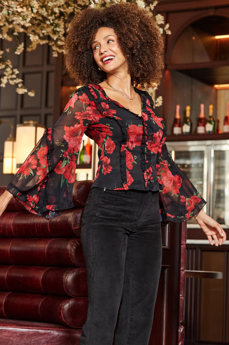 Black & Red Rose Print Flared Sleeve Blouse - Image 3