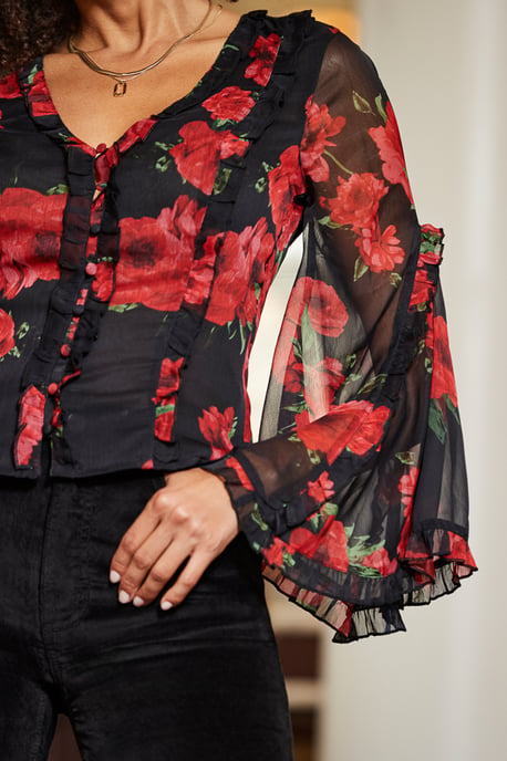 Black & Red Rose Print Flared Sleeve Blouse - Image 4