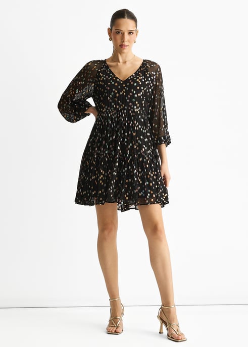 Black Multicolored Spot Viscose Clipped Jacquard Mini Tiered Dress - Image 1