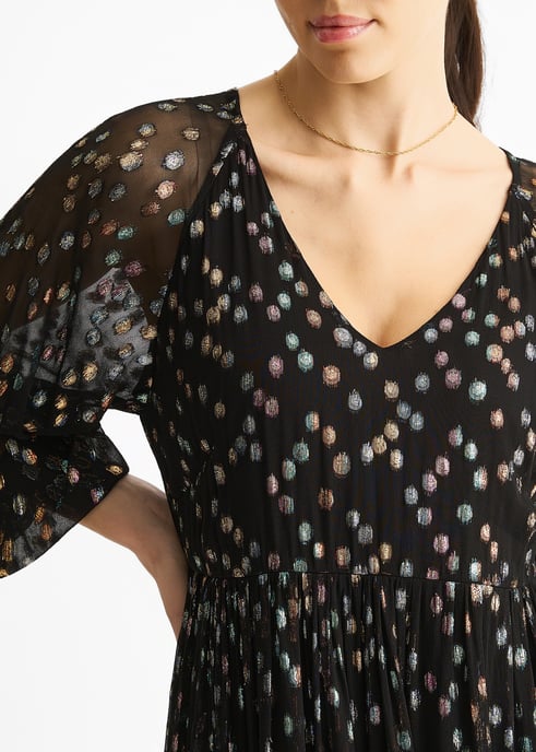 Black Multicolored Spot Viscose Clipped Jacquard Mini Tiered Dress - Image 2