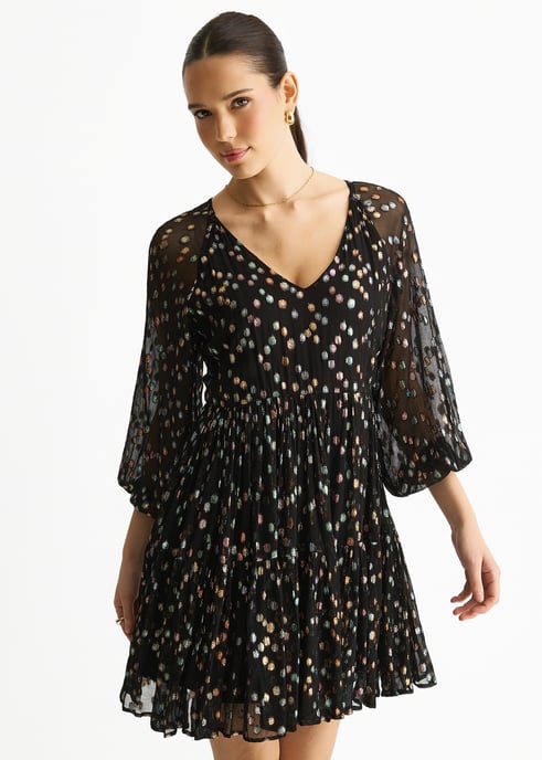 Black Multicolored Spot Viscose Clipped Jacquard Mini Tiered Dress - Image 3