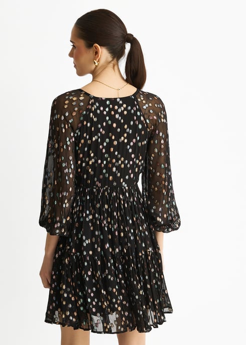 Black Multicolored Spot Viscose Clipped Jacquard Mini Tiered Dress - Image 4