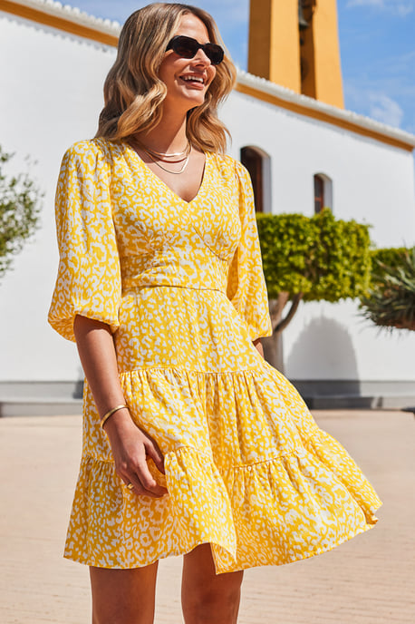 Sunshine Yellow Animal Print Tiered Hem Dress - Image 1