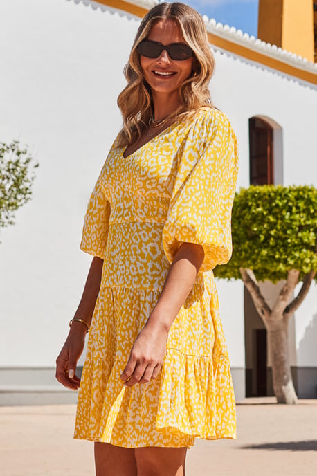 Sunshine Yellow Animal Print Tiered Hem Dress - Image 3