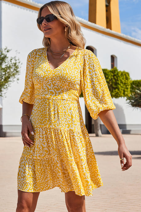 Sunshine Yellow Animal Print Tiered Hem Dress - Image 4