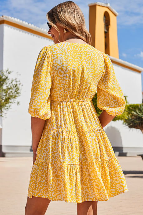 Sunshine Yellow Animal Print Tiered Hem Dress - Image 5