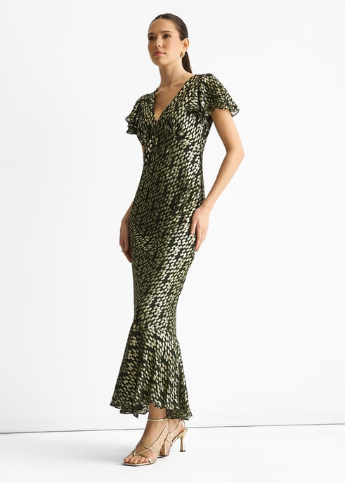 Dark Green Viscose Clipped Gold Jacquard Bias Cut Maxi Dress - Image 3