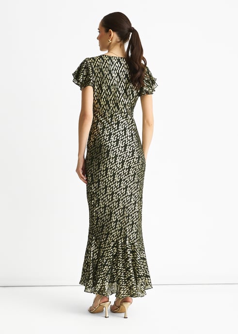 Dark Green Viscose Clipped Gold Jacquard Bias Cut Maxi Dress - Image 4