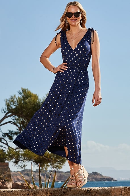 Navy Blue & Gold Metallic Spot Tie Waist Dress - Image 1