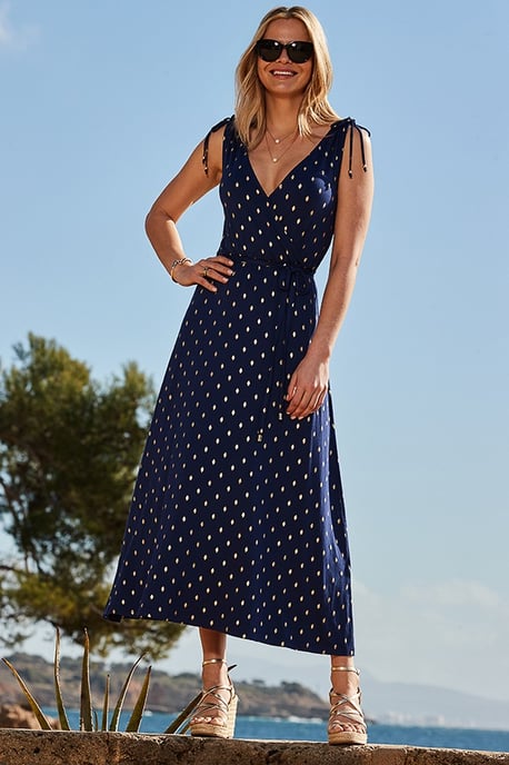 Navy Blue & Gold Metallic Spot Tie Waist Dress - Image 2