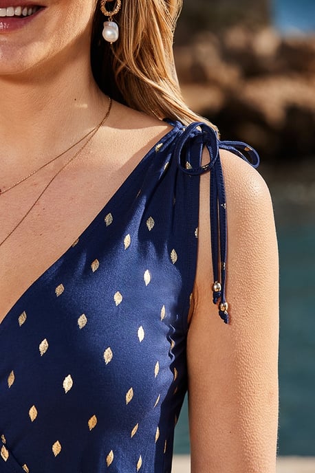 Navy Blue & Gold Metallic Spot Tie Waist Dress - Image 3