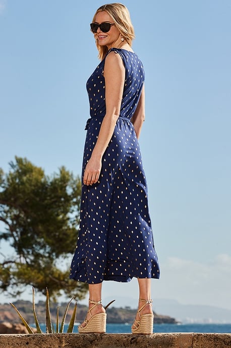 Navy Blue & Gold Metallic Spot Tie Waist Dress - Image 5
