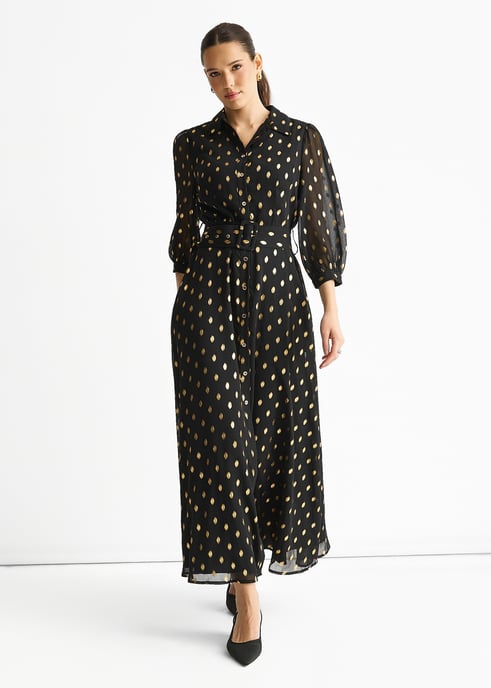 Black Chiffon Foil Belted Maxi Shirt Dress - Image 1