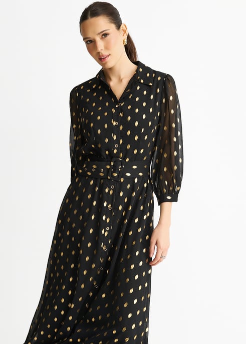 Black Chiffon Foil Belted Maxi Shirt Dress - Image 3