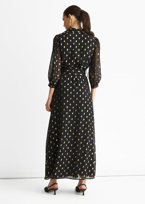Black Chiffon Foil Belted Maxi Shirt Dress - Image 4