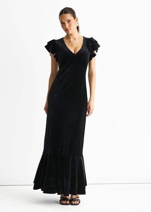 Black V Neck Ruffle Sleeves Velvet Occasion Maxi Dress - Image 1