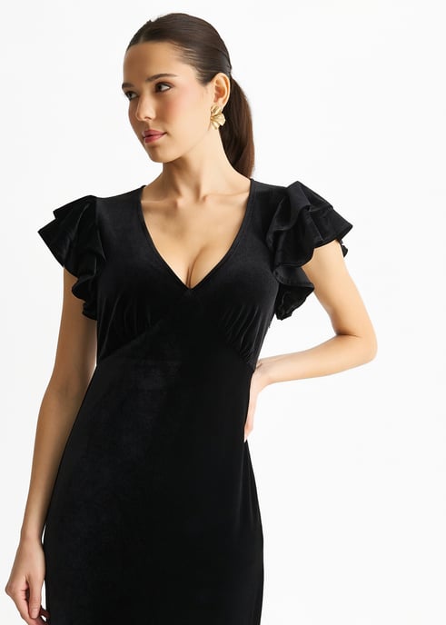 Black V Neck Ruffle Sleeves Velvet Occasion Maxi Dress - Image 2