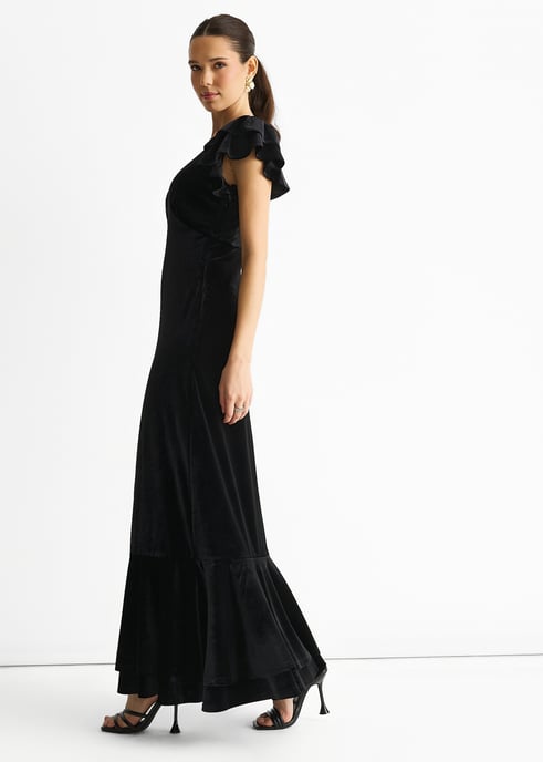 Black V Neck Ruffle Sleeves Velvet Occasion Maxi Dress - Image 3