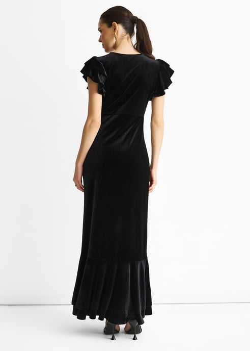 Black V Neck Ruffle Sleeves Velvet Occasion Maxi Dress - Image 4
