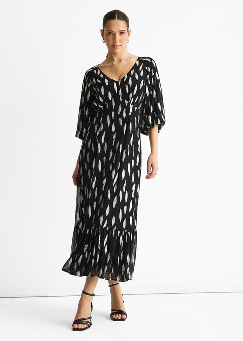 Black Viscose Clipped Balloon Sleeve Maxi Dress - Image 1