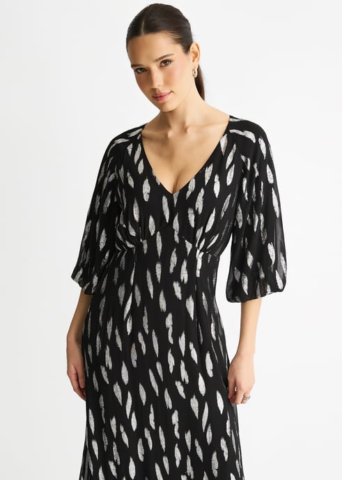 Black Viscose Clipped Balloon Sleeve Maxi Dress - Image 2