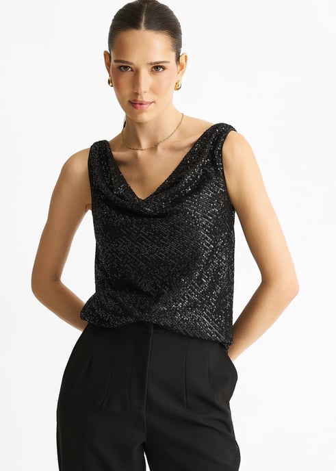 Black Sequin Cowl Neck Cami Top - Image 3