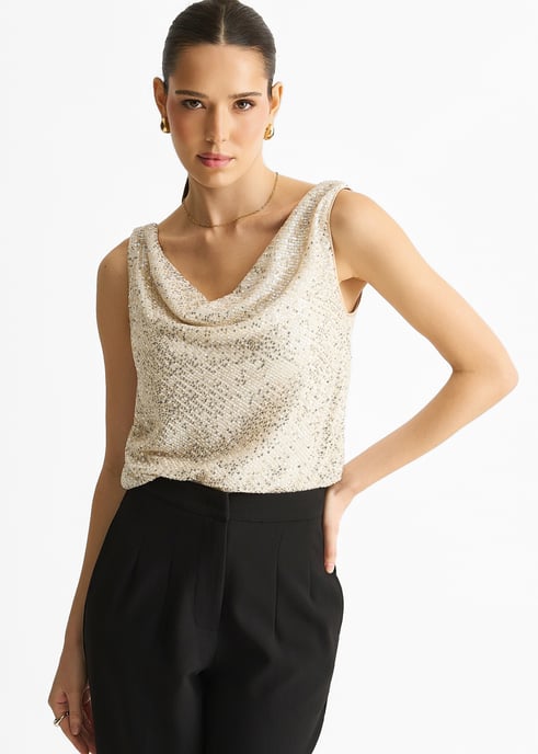 Champagne Sequin Cowl Neck Cami Top - Image 3