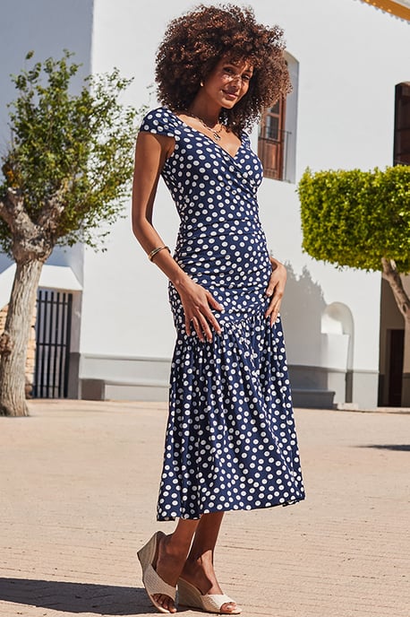 Navy Blue Spot Print Fit & Flare Bardot Dress - Image 3