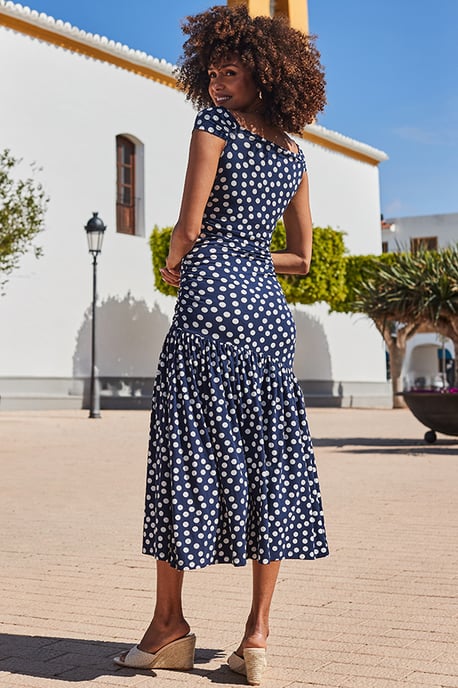 Navy Blue Spot Print Fit & Flare Bardot Dress - Image 5