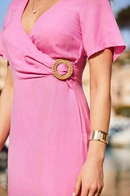 Rosé Pink Linen Blend Wrap Front Dress - Image 4