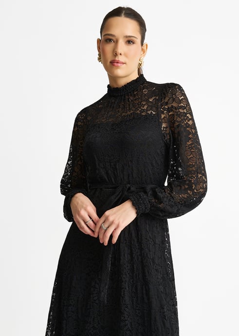 Black High Neck Jersey Lace Occasion Midi Dress - Image 2