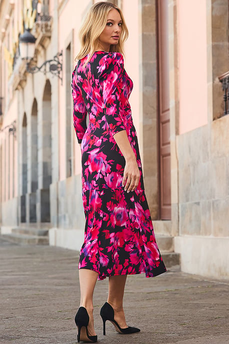 Pink & Black Floral Print Twist Front Dress - Image 2