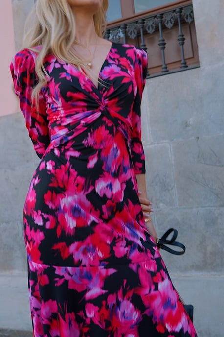 Pink & Black Floral Print Twist Front Dress - Image 5