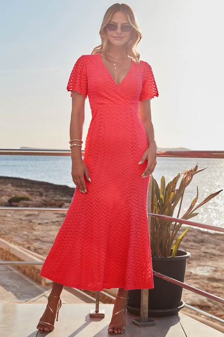 Bright Coral Chevron Lace Fit & Flare Dress - Image 2