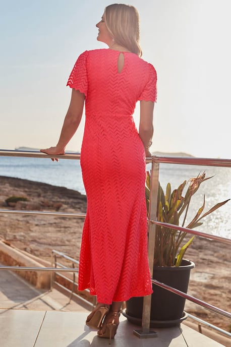 Bright Coral Chevron Lace Fit & Flare Dress - Image 3