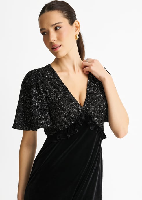 Black Sequin Top Premium Velvet Occasion Midi Dress - Image 2