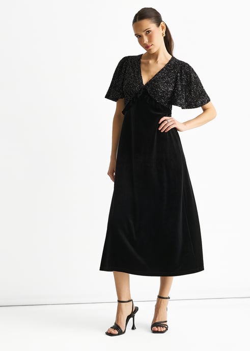 Black Sequin Top Premium Velvet Occasion Midi Dress - Image 3