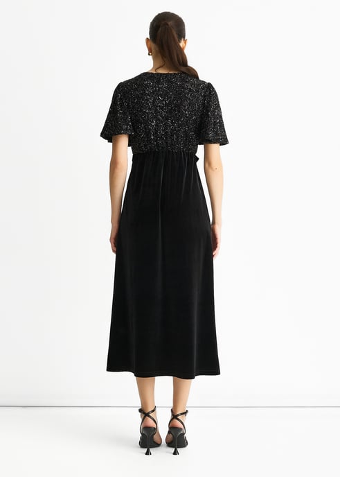 Black Sequin Top Premium Velvet Occasion Midi Dress - Image 4