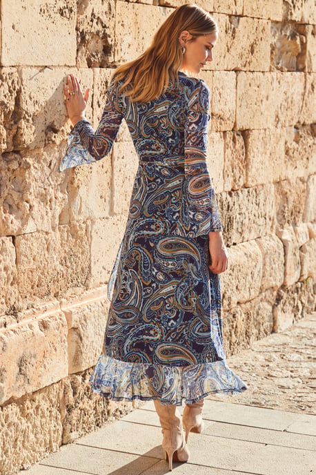 Blue Paisley Print Mesh Wrap Front Fit & Flare Dress - Image 4