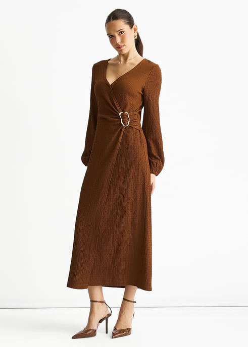 Brown Jersey Texture Wrap Metal Trim Midi Dress - Image 1
