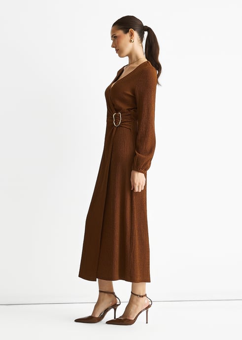 Brown Jersey Texture Wrap Metal Trim Midi Dress - Image 3
