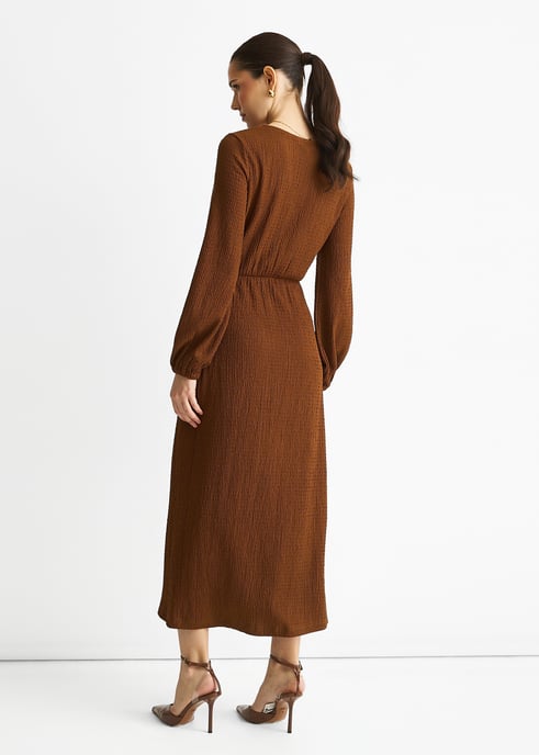Brown Jersey Texture Wrap Metal Trim Midi Dress - Image 4