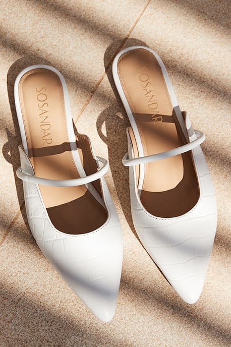 White Croc Leather Pointed Toe Strap Detail Flat Mules - Image 1