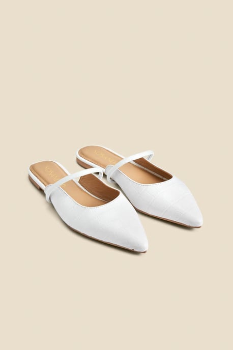 White Croc Leather Pointed Toe Strap Detail Flat Mules - Image 2