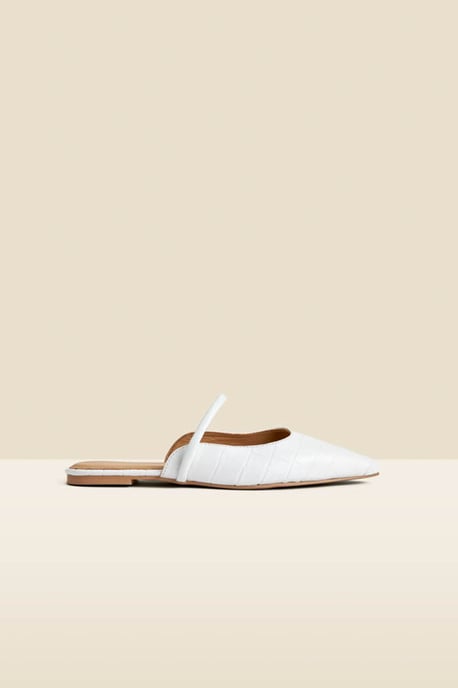 White Croc Leather Pointed Toe Strap Detail Flat Mules - Image 3
